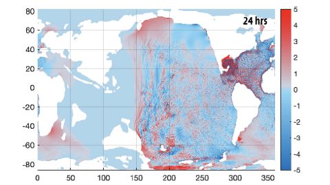 This graph shows the movement of sea level rise in a tsunami 24 hours after the impact.