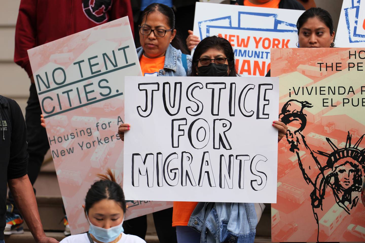 People gather for a rally and press conference at City Hall on October 13, 2022 in Lower Manhattan, New York.